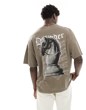 ADPT oversized T-shirt with chess back print in washed brown