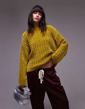 Topshop knitted chunky oversized cable chenille sweater in chartreuse