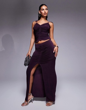 ASOS DESIGN slinky ruched front maxi skirt with front split in blackcurrant - part of a set