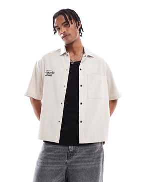 Bershka embroidered striped shirt in beige