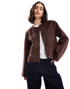 ASOS DESIGN collarless faux suede jacket in chocolate