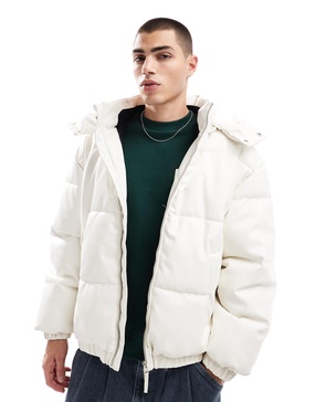 Bershka detachable hooded faux leather puffer in white