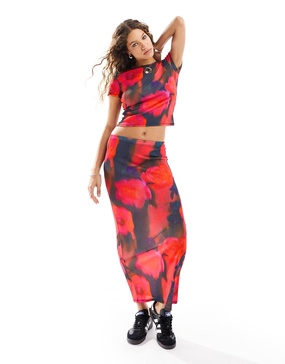 ASOS DESIGN mesh midi skirt with blurred floral print in red - part of a set