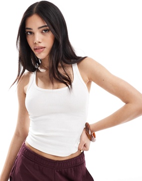 Bershka scoop neck ribbed tank top in white