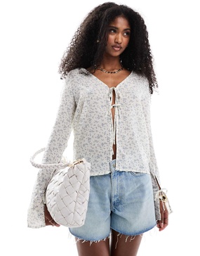 Brave Soul tie front floral print blouse in off white