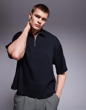 ASOS DESIGN overhead boxy plisse regular shirt in black