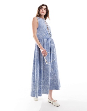 ASOS DESIGN tie front printed midi dress in blue acid wash