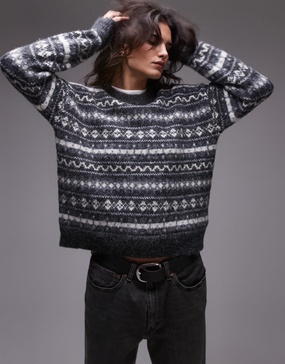 Topshop knitted all over fairisle print oversized sweater in gray