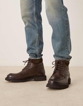 ASOS DESIGN lace up boots in brown leather with apron toe