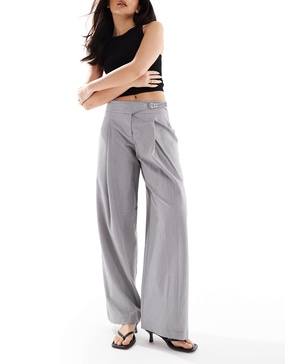 Bershka wide leg tailored pants with belt detail in light gray