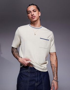 ASOS DESIGN relaxed boxy fit crew neck T-shirt with front pocket in cream