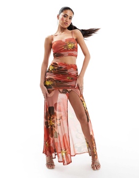 ASOS DESIGN mesh ruched maxi skirt with split in large scale floral - part of a set