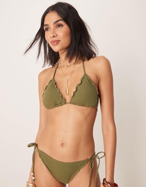 Stradivarius textured bikini top in khaki