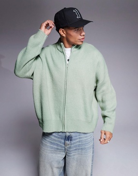 ASOS DESIGN super oversized boxy fit brushed knit zip through cardigan in sage green