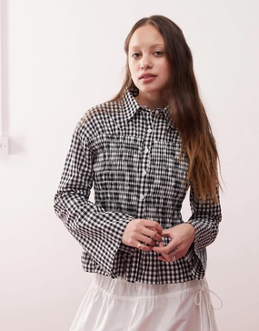 Reclaimed Vintage ruched cinched shirt in black and white gingham
