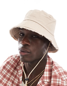 ASOS DESIGN bucket hat with frayed edge in stone