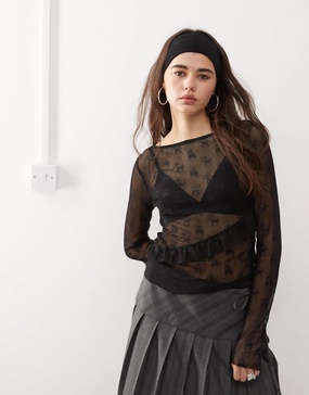 COLLUSION long sleeve branded lace sheer top in black