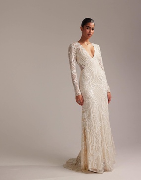 ASOS DESIGN embroidered plunge long sleeve maxi wedding dress in ivory
