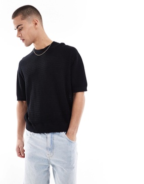 Bershka knit textured t-shirt in black