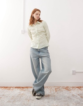 Reclaimed Vintage ruched cinched waist fitted shirt in green stripe