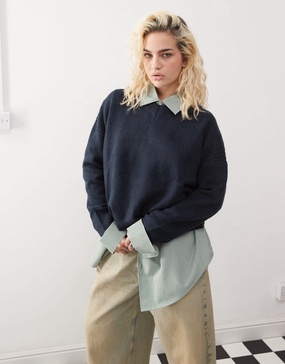 COLLUSION v neck meet and greet sweater with arm rib in navy