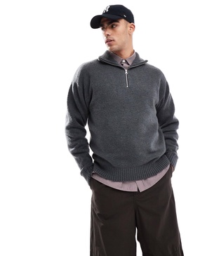 Jack & Jones fluffy knit half zip in dark gray