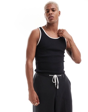 ASOS DESIGN muscle fit rib tank top with contrast binding in black