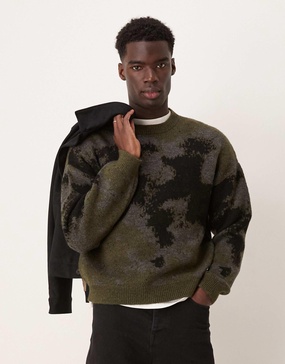 ASOS DESIGN relaxed boxy fit knit crew neck sweater with pattern in black