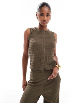 Brave Soul textured button down tank top in brown - part of a set