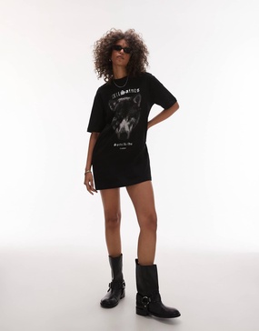AllSaints Dawn wolf print t-shirt dress in black