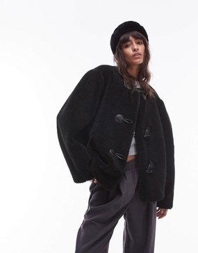 Topshop toggle collarless short borg coat in black