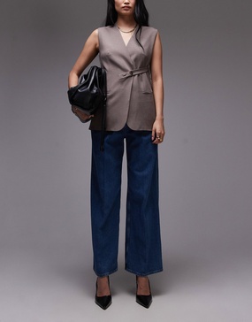 ARKET super soft denim wide leg pants with tailored waistband and pleat front in mid wash blue
