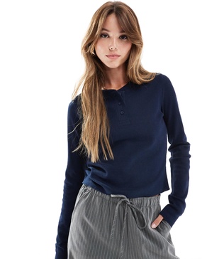 ASOS DESIGN long sleeve henley t-shirt in waffle in navy