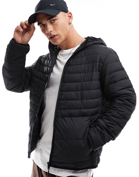 Jack & Jones packable padded jacket with hood in black