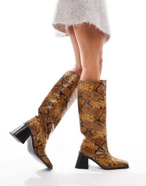 ASOS DESIGN Connect leather pull-on knee boots with flared heels in snake