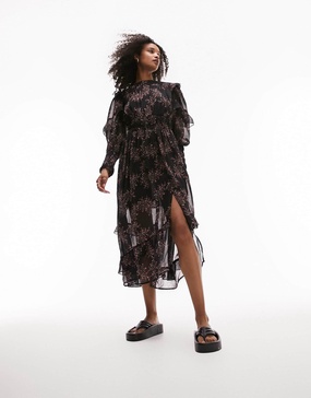 Topshop midi dress with ruffle sleeves in black floral print
