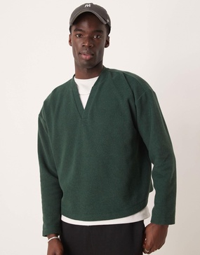 ASOS DESIGN oversized boxy v neck sweater in green heavyweight brushed rib knit
