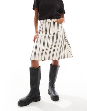 ASOS DESIGN denim awkward length skirt in black and white stripe