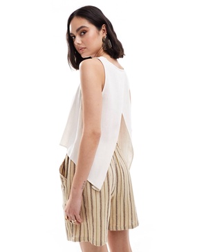 ASOS DESIGN wrap back linen mix top in natural
