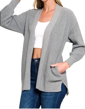 eyelet open cardigan sweater in heather grey