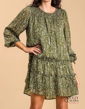 casey paisley & lurex tiered mini dress in olive