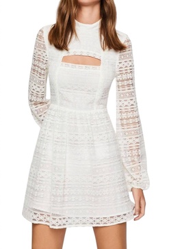 lace mini dress peak a boo long sleeve flare dress in ivory