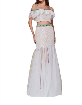 cropped top prom dress in emerald/nude