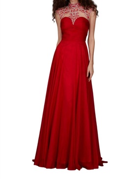 mock-neck prom dress in hot red