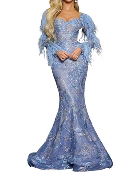 lace mermaid evening dress in blue