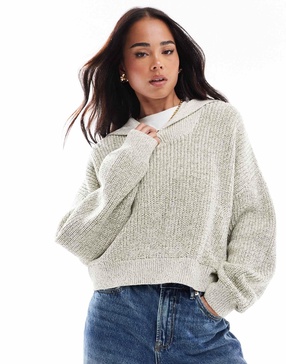 ASOS DESIGN fly collar sweater in neppy yarn in khaki