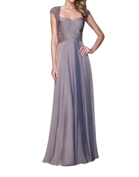 lace ornate ruched gown in cocoa