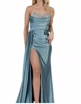 strapless beaded top gown in light teal