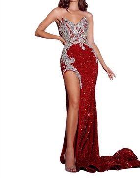 sequin v-neck gown in red