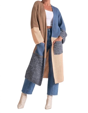 long colorblock duster sweater with pockets in blue color block